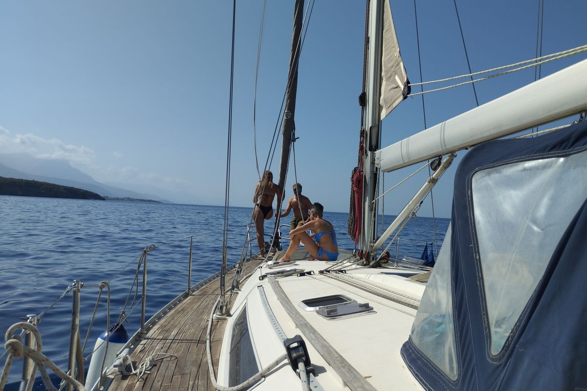 Deck of Epikouros, a Jeanneau Sun Odyssey 45.1 sailboat at Municipality of Kalamata, Greece