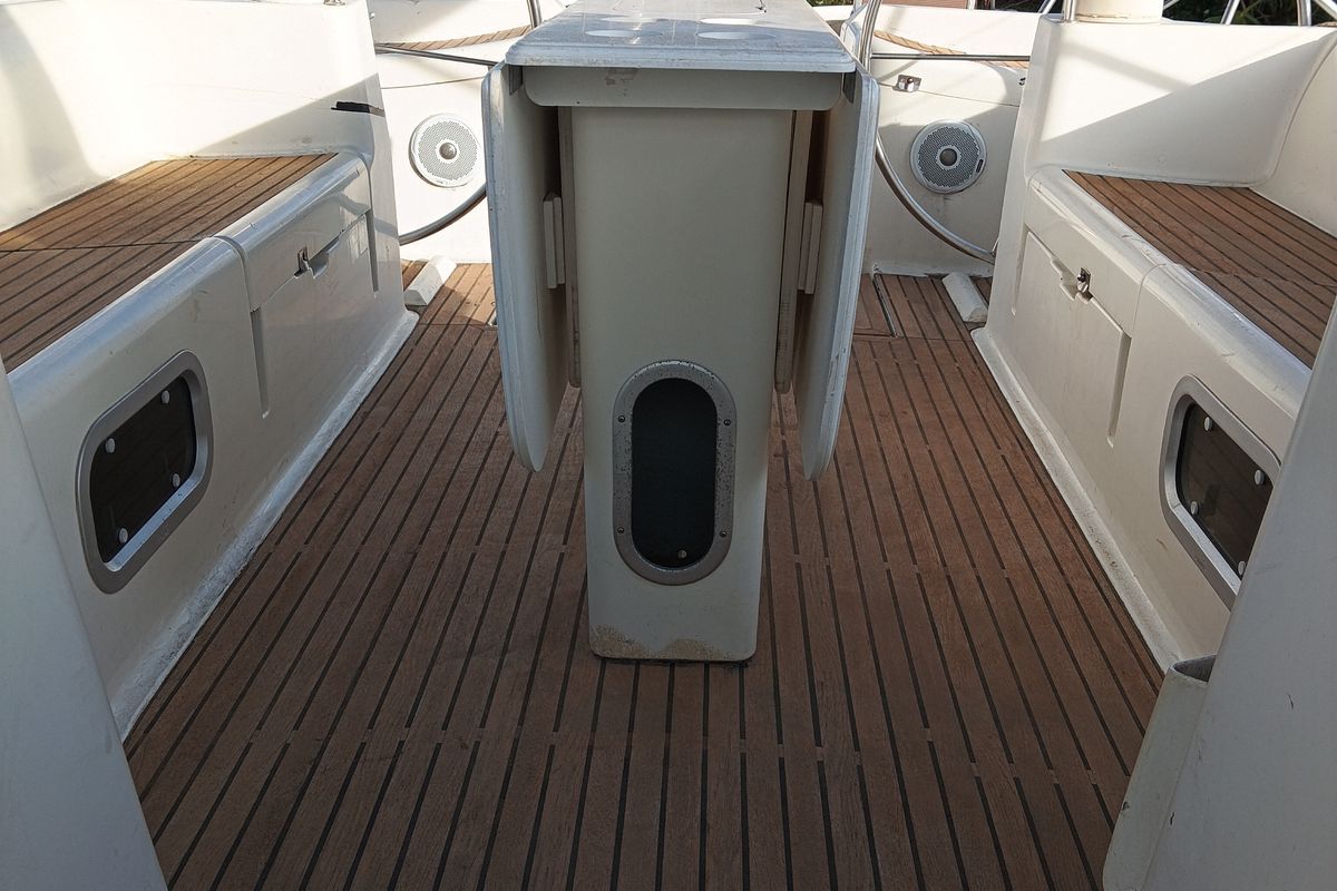 Deck of Epikouros, a Jeanneau Sun Odyssey 45.1 sailboat at Municipality of Kalamata, Greece