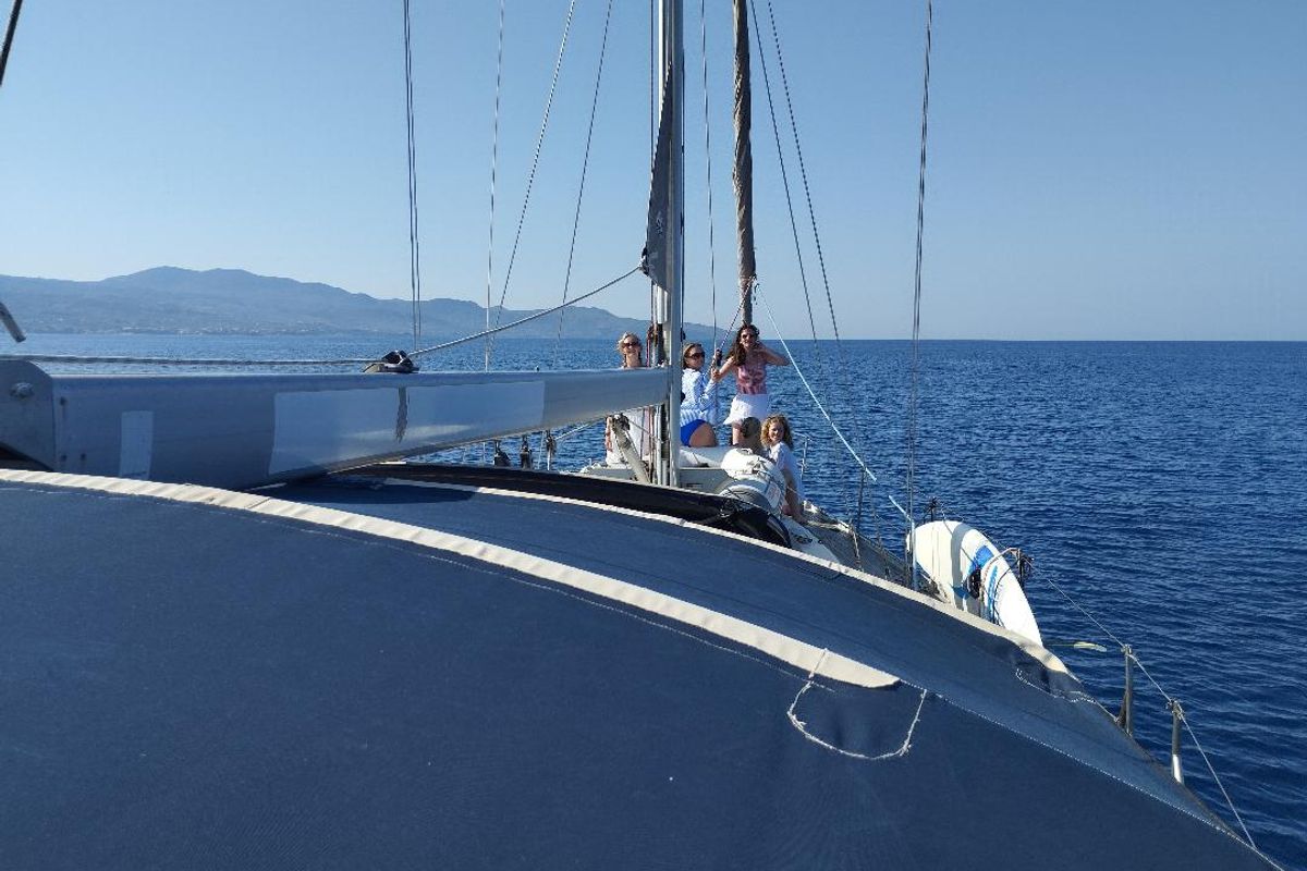 Deck of Epikouros, a Jeanneau Sun Odyssey 45.1 sailboat at Municipality of Kalamata, Greece