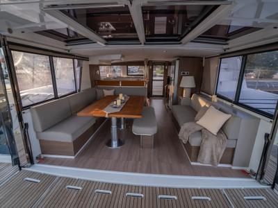 Salon of Second Wind, a Bali 4.6 catamaran at Parikia, Greece