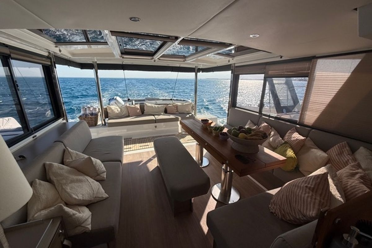 Salon of Second Wind, a Bali 4.6 catamaran at Parikia, Greece