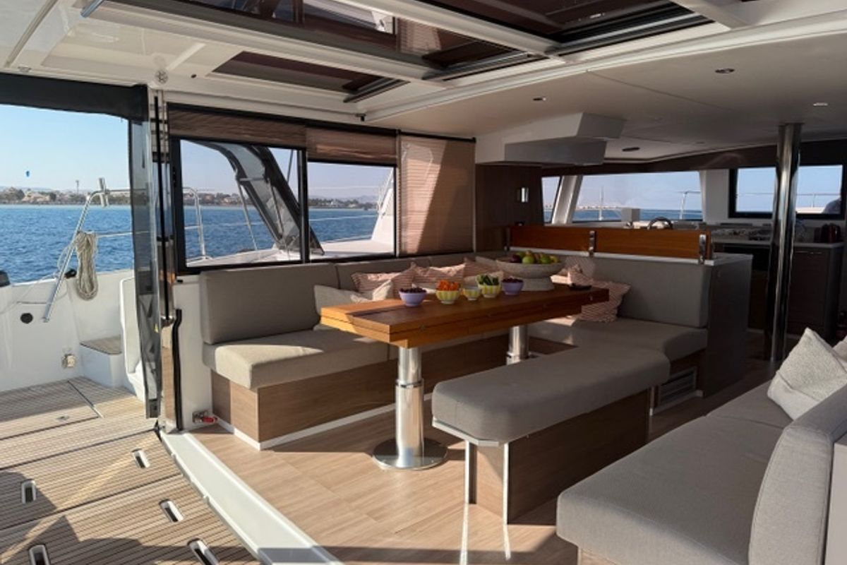 Salon of Second Wind, a Bali 4.6 catamaran at Parikia, Greece