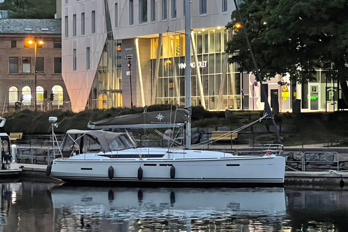 Exterior view of Petrine II, a Jeanneau Sun Odyssey 439 sailboat at Mauseidvågen, Norway