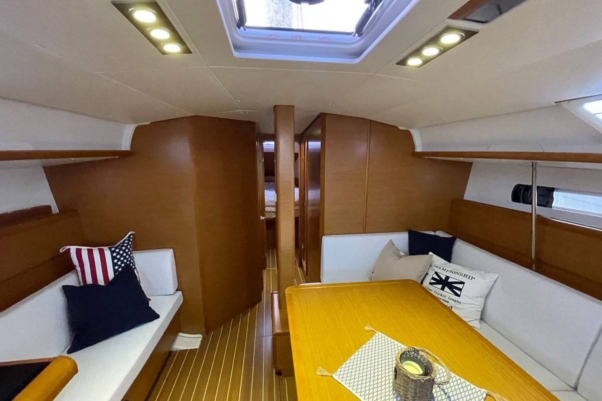 Salon of Petrine II, a Jeanneau Sun Odyssey 439 sailboat at Mauseidvågen, Norway