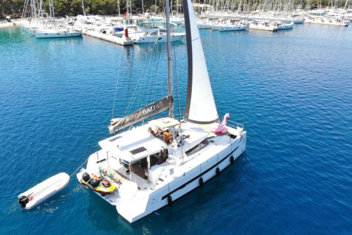 Exterior view of Jax, a Bali 4.1 catamaran at Općina Rogoznica, Croatia