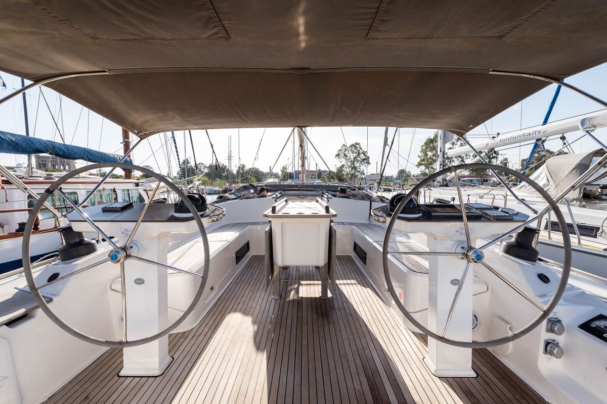 Cockpit of Breathless, a Bavaria Cruiser 56 sailboat at Municipal Unit of Lefkada, Greece