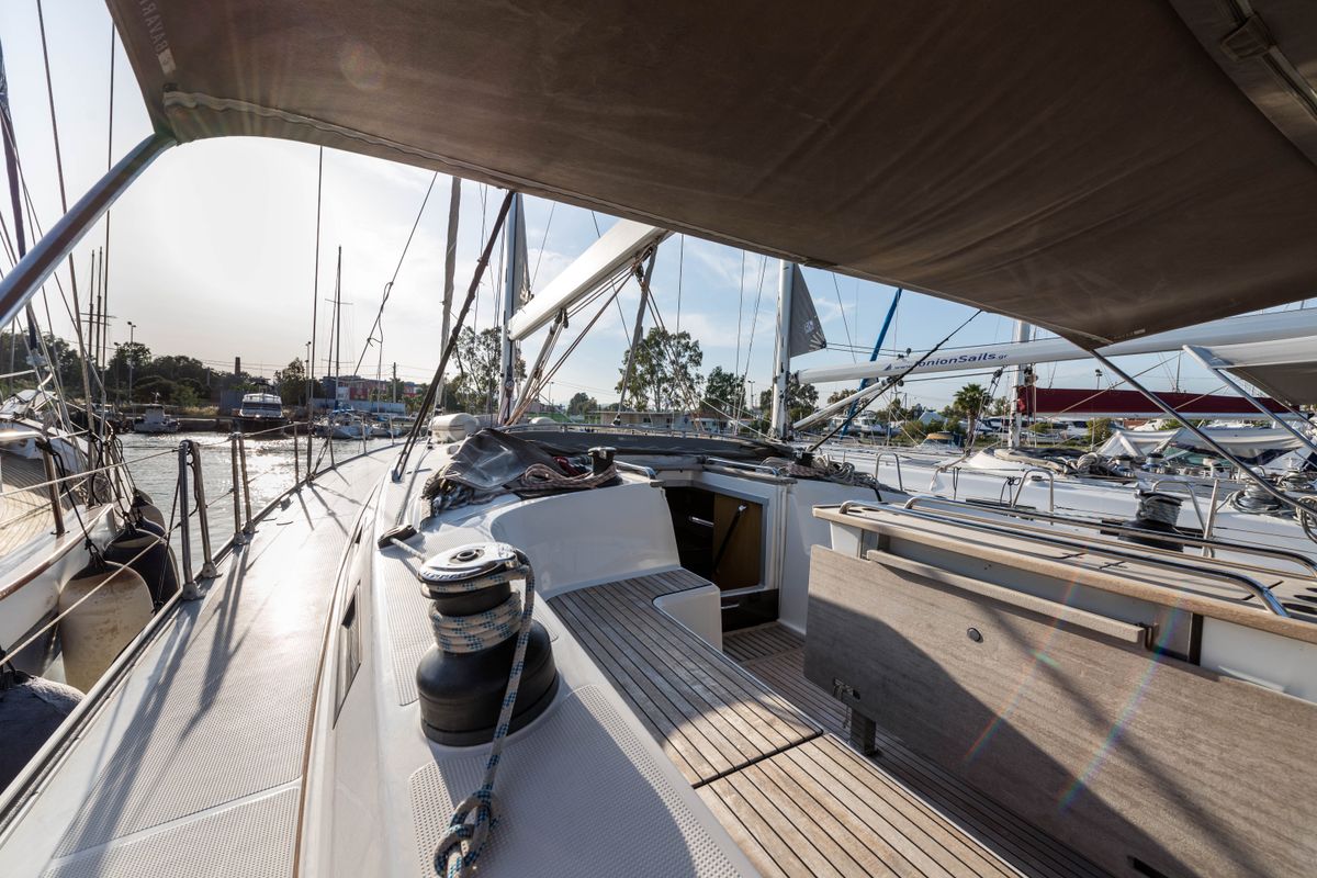 Deck of Breathless, a Bavaria Cruiser 56 sailboat at Municipal Unit of Lefkada, Greece