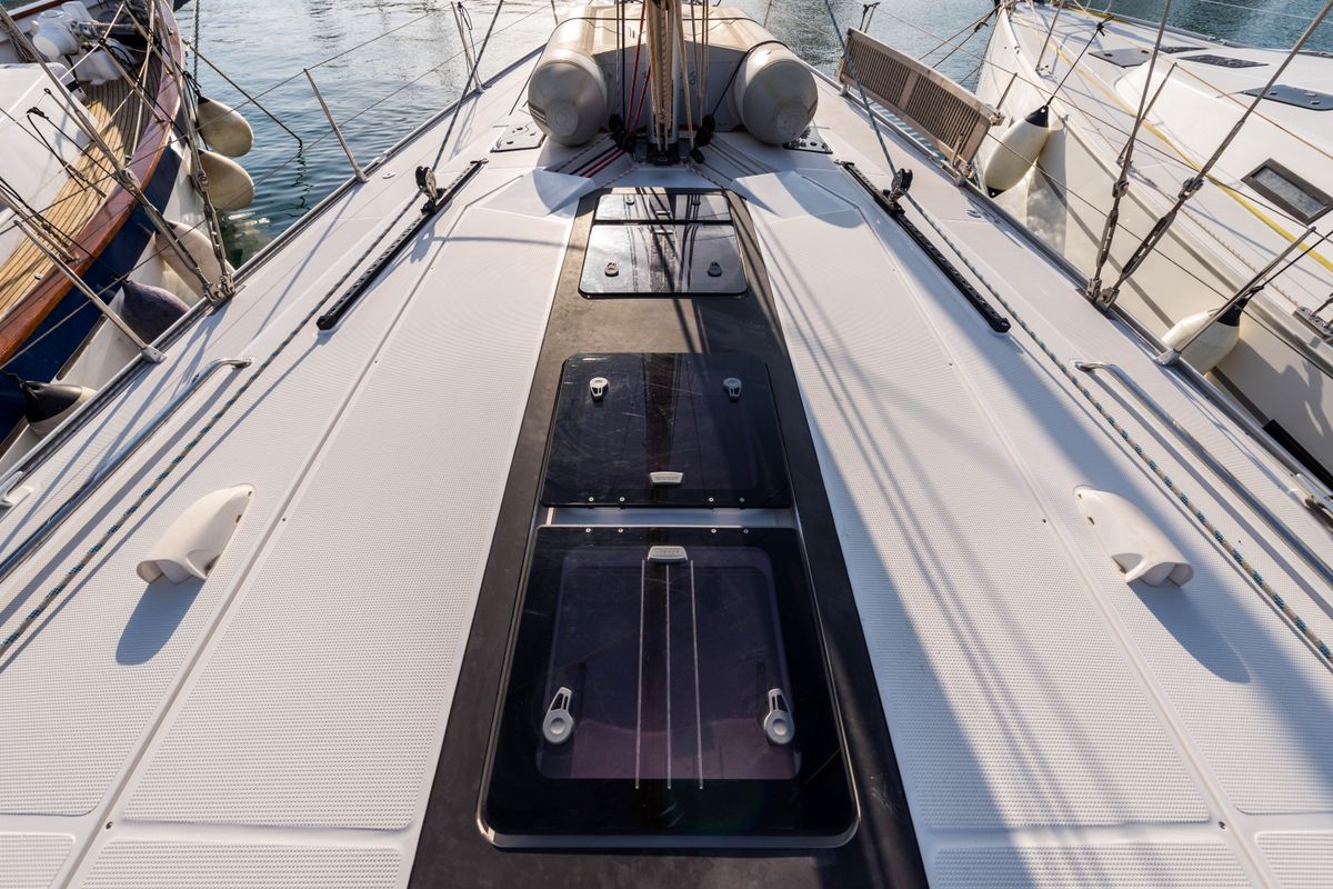 Deck of Breathless, a Bavaria Cruiser 56 sailboat at Municipal Unit of Lefkada, Greece