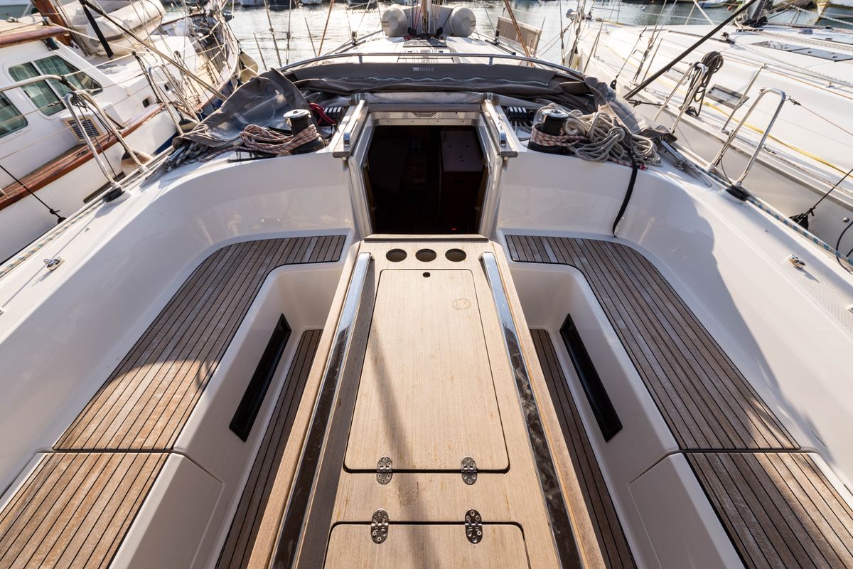 Deck of Breathless, a Bavaria Cruiser 56 sailboat at Municipal Unit of Lefkada, Greece