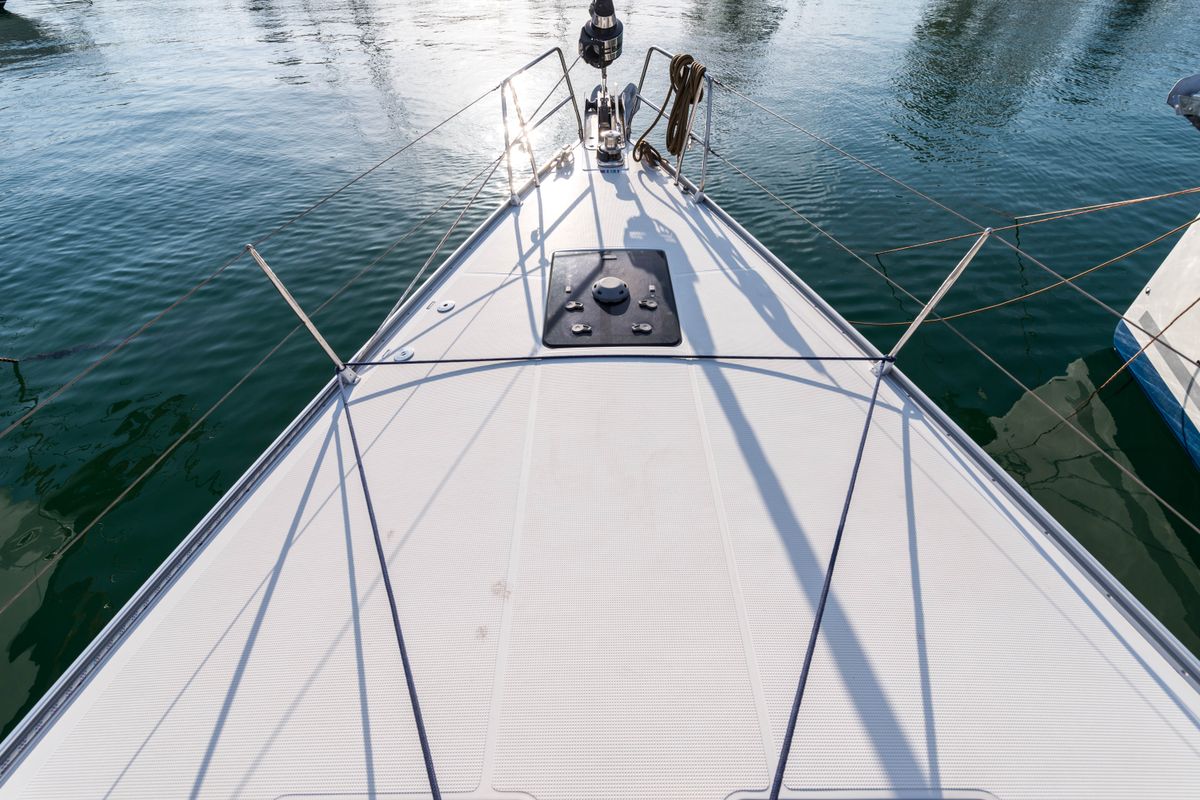 Deck of Breathless, a Bavaria Cruiser 56 sailboat at Municipal Unit of Lefkada, Greece