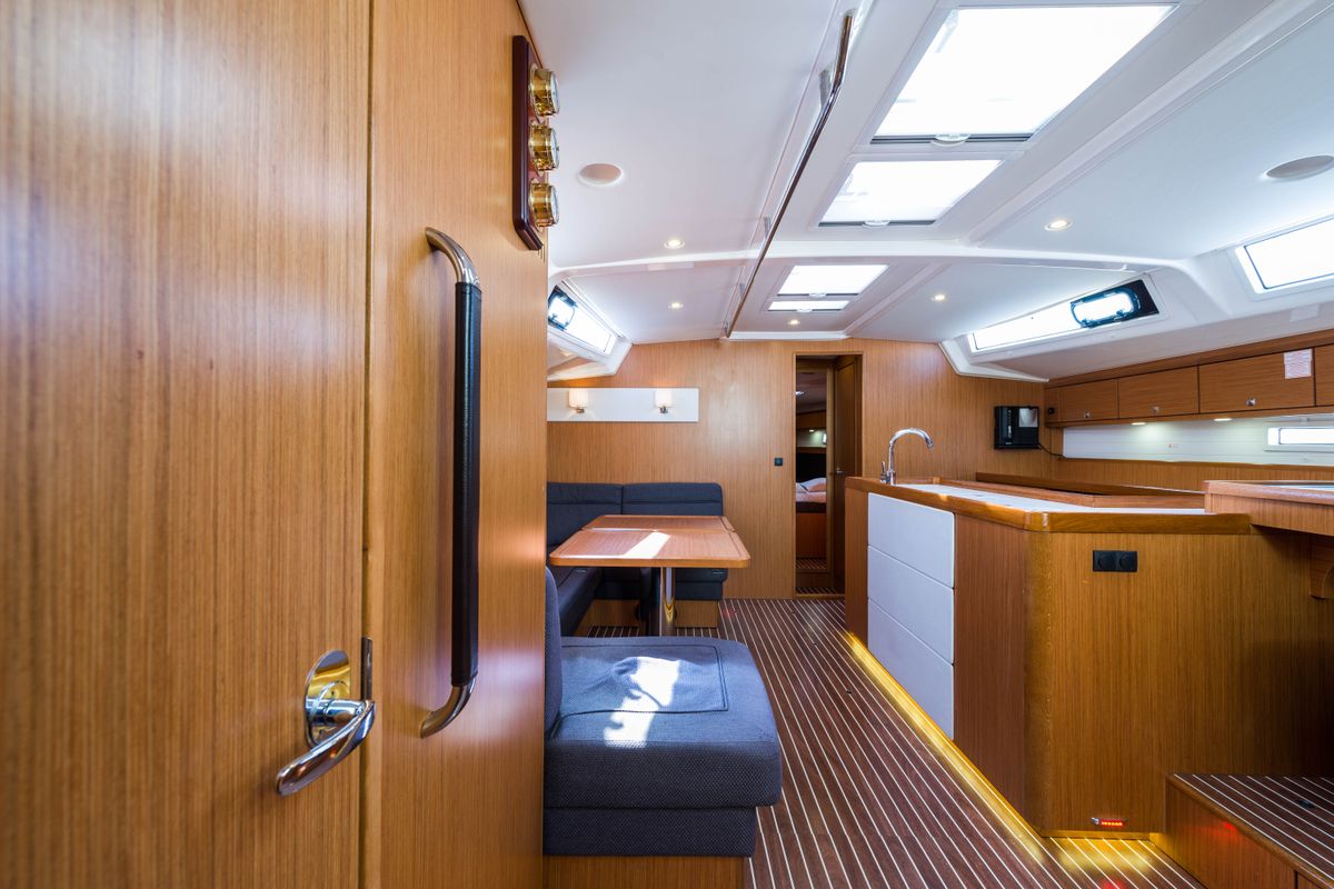 Salon of Breathless, a Bavaria Cruiser 56 sailboat at Municipal Unit of Lefkada, Greece