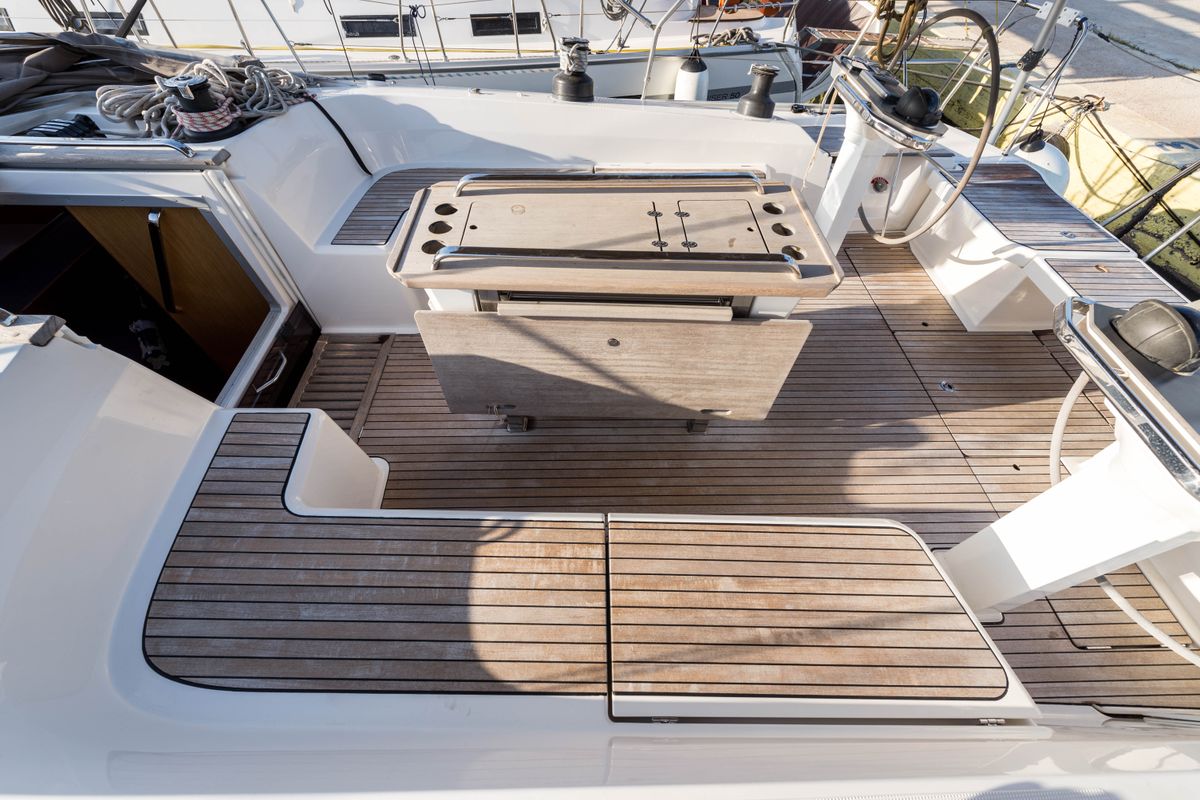 Deck of Breathless, a Bavaria Cruiser 56 sailboat at Municipal Unit of Lefkada, Greece