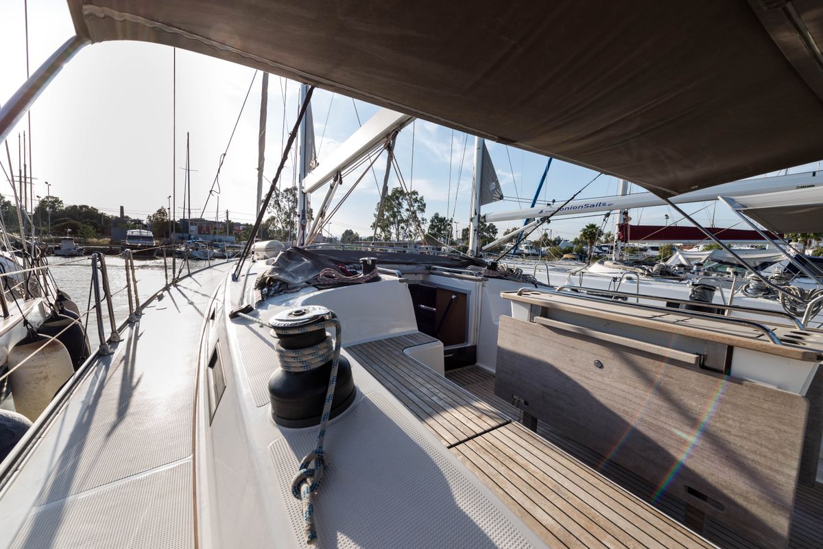 Deck of Breathless, a Bavaria Cruiser 56 sailboat at Municipal Unit of Lefkada, Greece