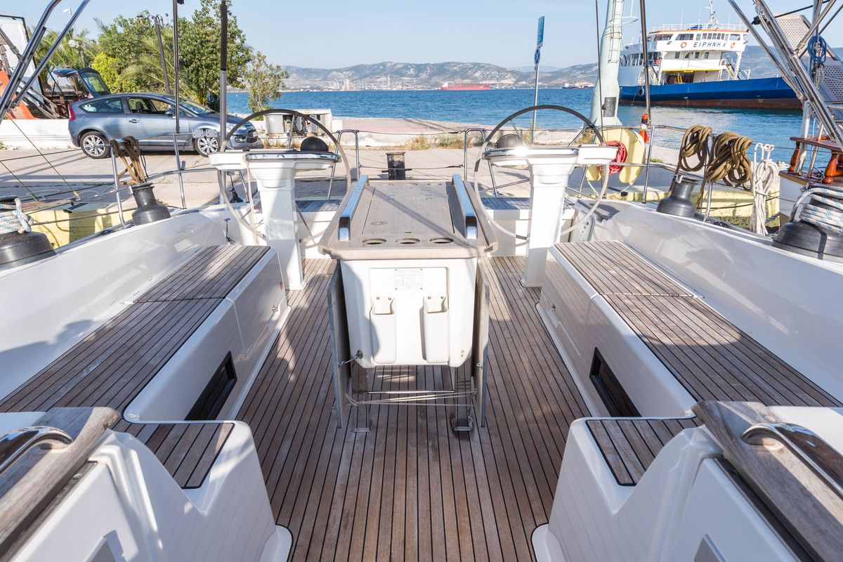 Cockpit of Breathless, a Bavaria Cruiser 56 sailboat at Municipal Unit of Lefkada, Greece
