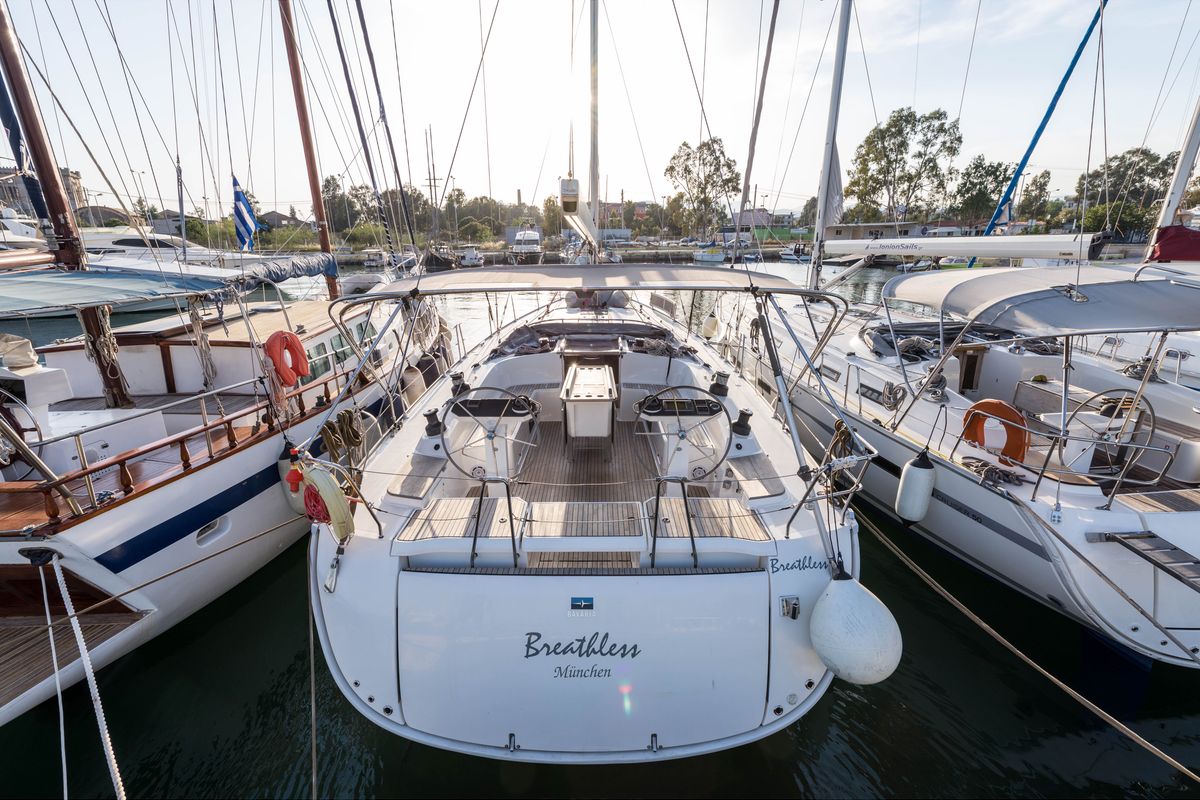 Exterior view of Breathless, a Bavaria Cruiser 56 sailboat at Municipal Unit of Lefkada, Greece