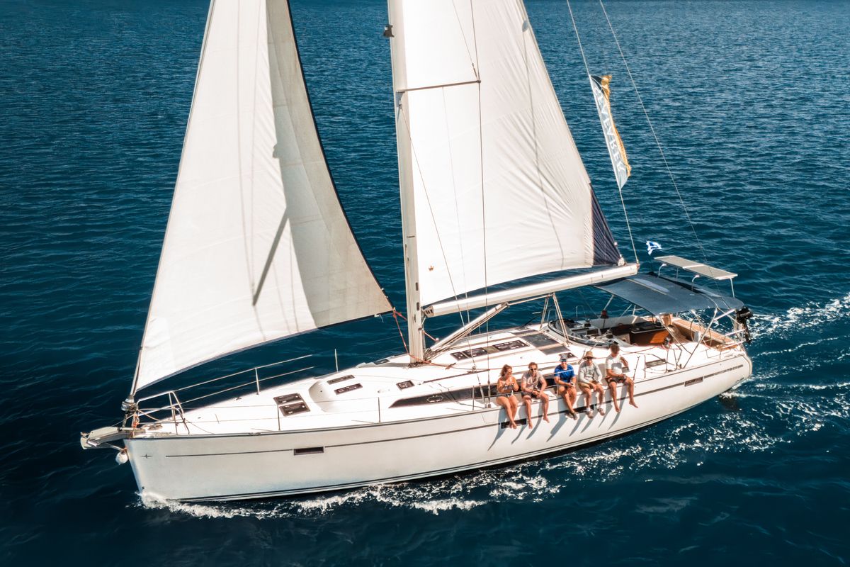 Exterior view of Vivi, a Bavaria 51 Cruiser sailboat at Municipal Unit of Lefkada, Greece