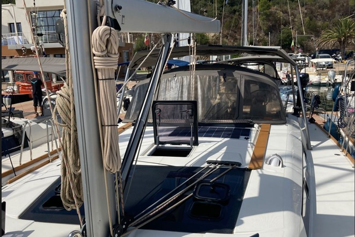 Deck of Newt, a Dufour 460 GL sailboat at Olbia, Italy