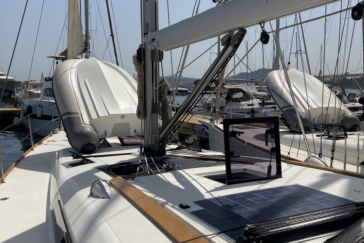 Deck of Newt, a Dufour 460 GL sailboat at Olbia, Italy