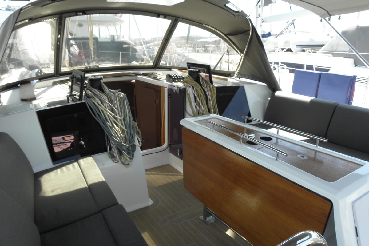 Cockpit of Newt, a Dufour 460 GL sailboat at Olbia, Italy