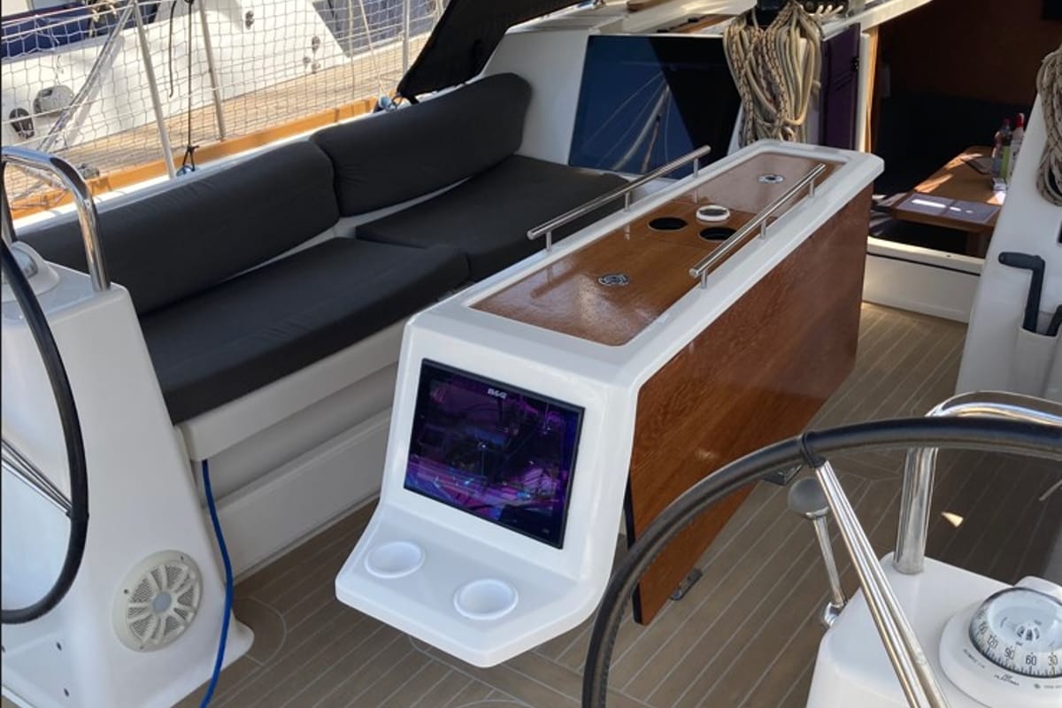 Cockpit of Newt, a Dufour 460 GL sailboat at Olbia, Italy