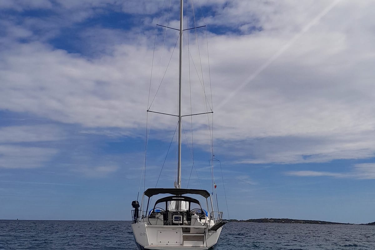 Exterior view of Newt, a Dufour 460 GL sailboat at Olbia, Italy