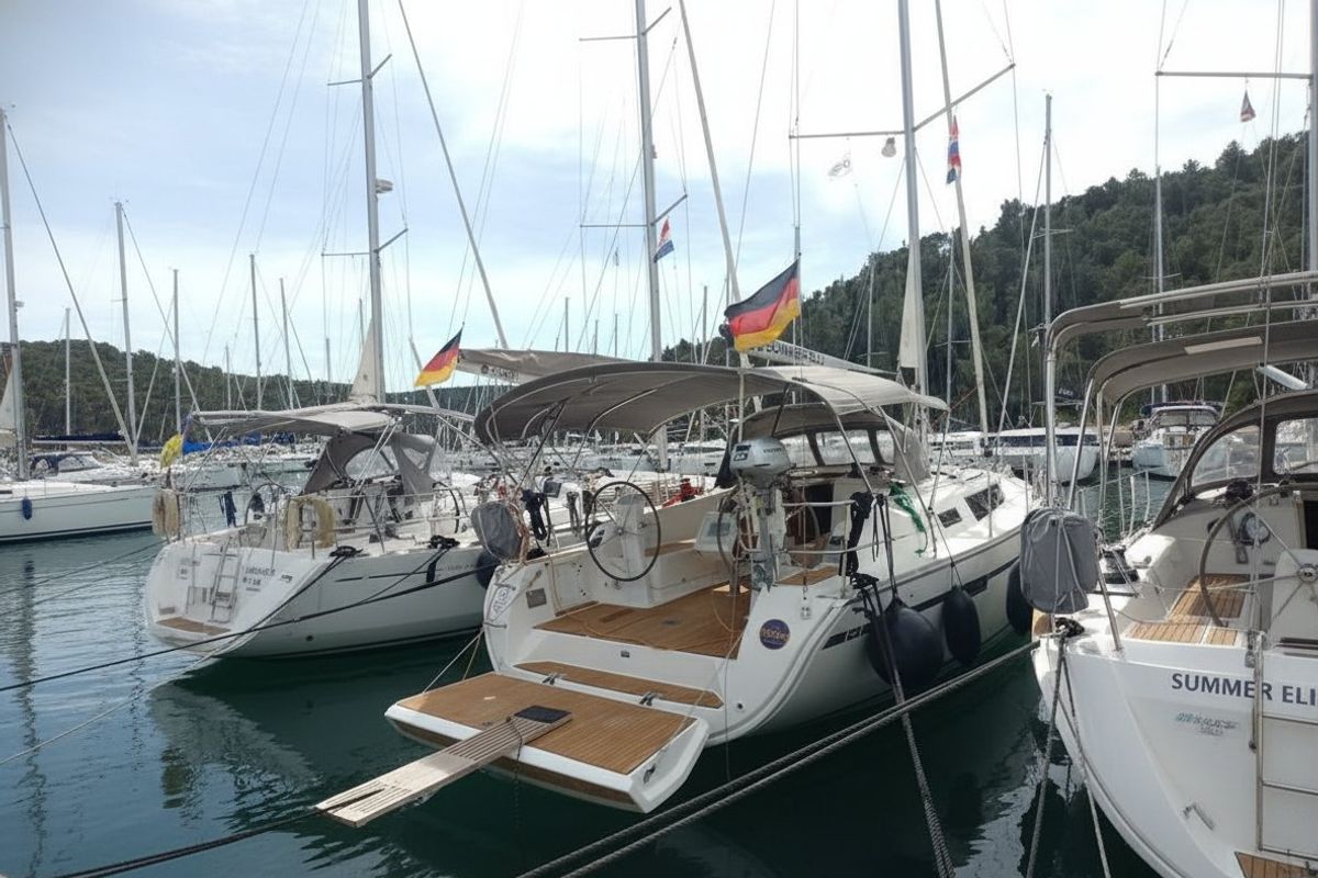 Exterior view of Summer Elli, a Bavaria Cruiser 41 sailboat at Palma de Mallorca, Spain