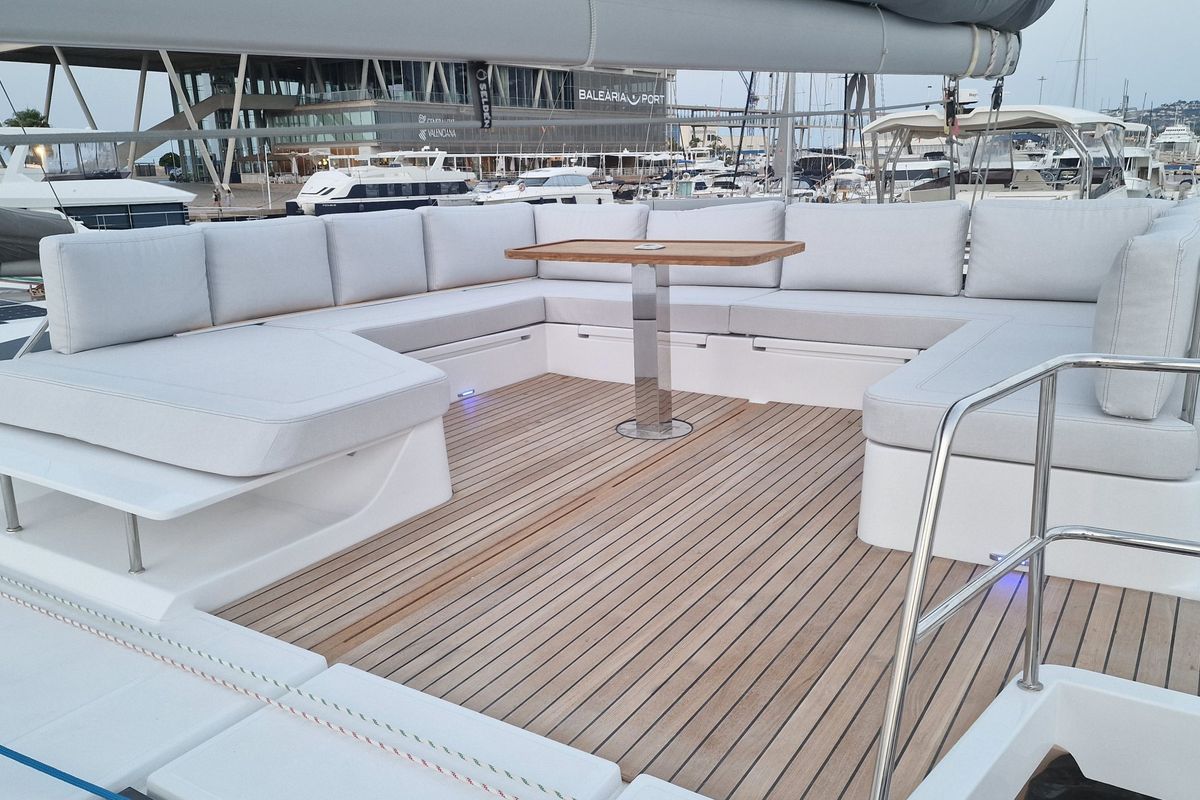 Deck of Good Luck, a Aventura Catamarans Aventura 45 catamaran at Grimaud, France