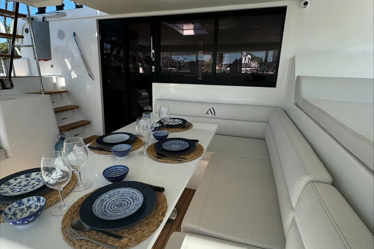 Deck of Good Luck, a Aventura Catamarans Aventura 45 catamaran at Grimaud, France