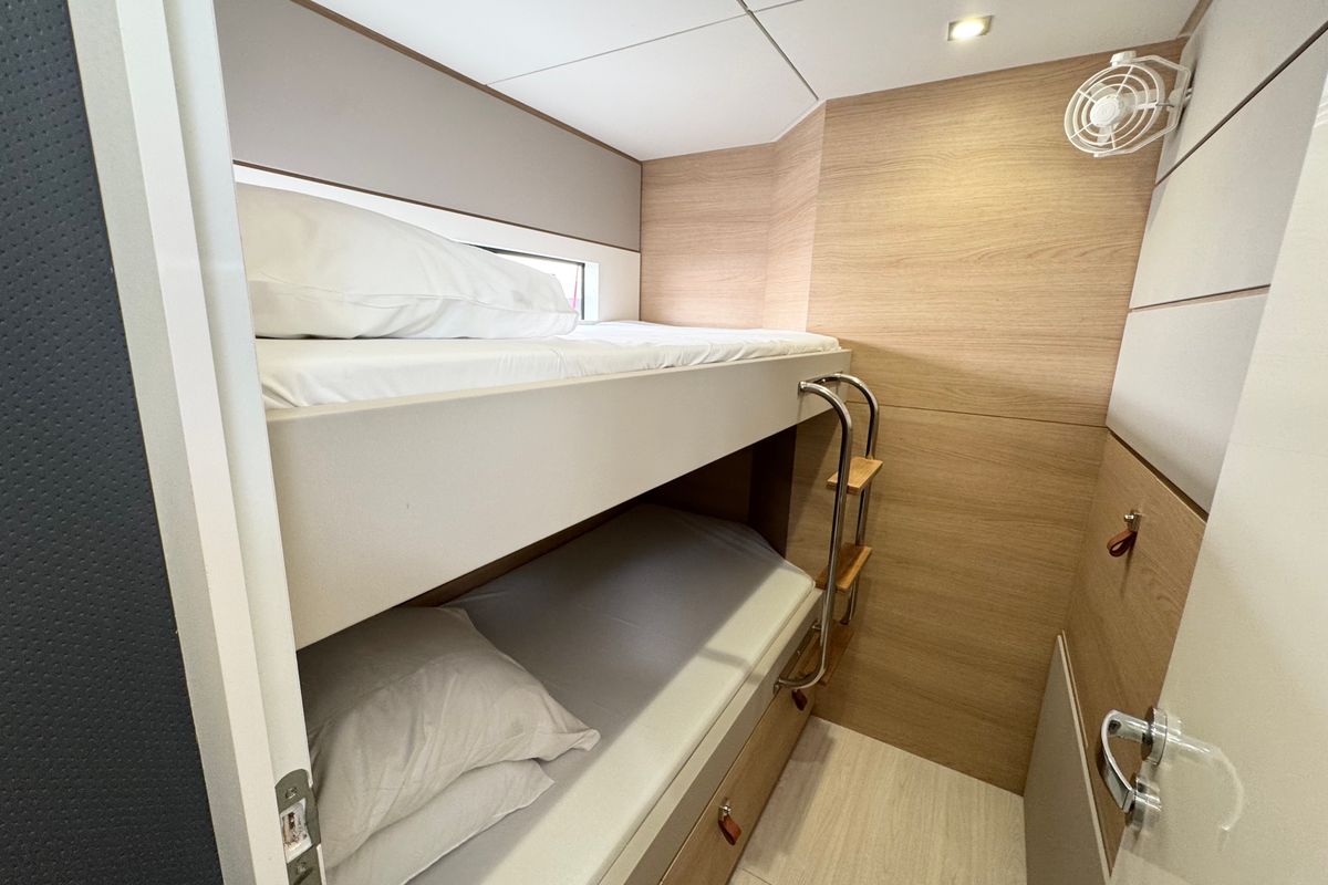 Cabin on Good Luck, a Aventura Catamarans Aventura 45 catamaran at Grimaud, France