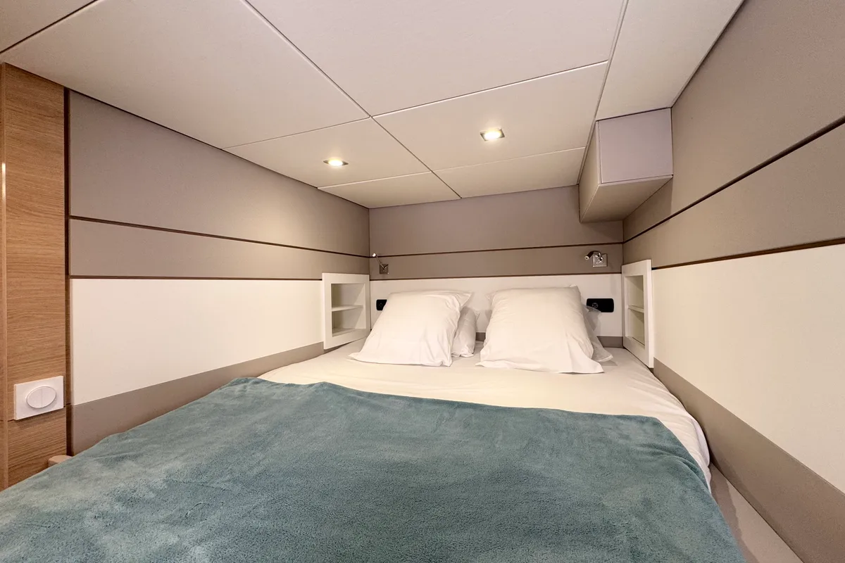 Cabin on Good Luck, a Aventura Catamarans Aventura 45 catamaran at Grimaud, France
