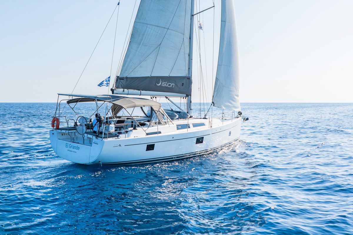 Exterior view of El Grande, a Hanse Yachts Hanse 508 sailboat at Municipal Unit of Rhodes, Greece