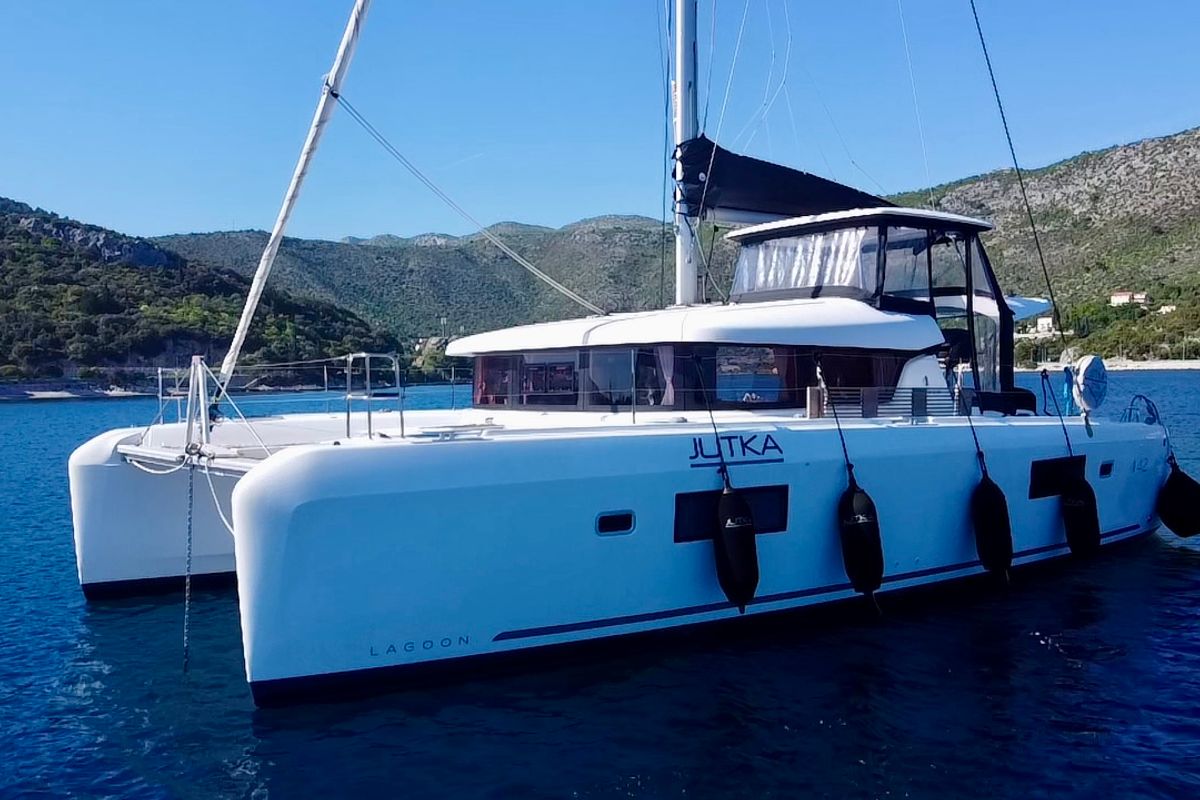 Exterior view of Jutka, a Lagoon 42 catamaran at Dubrovnik, Croatia
