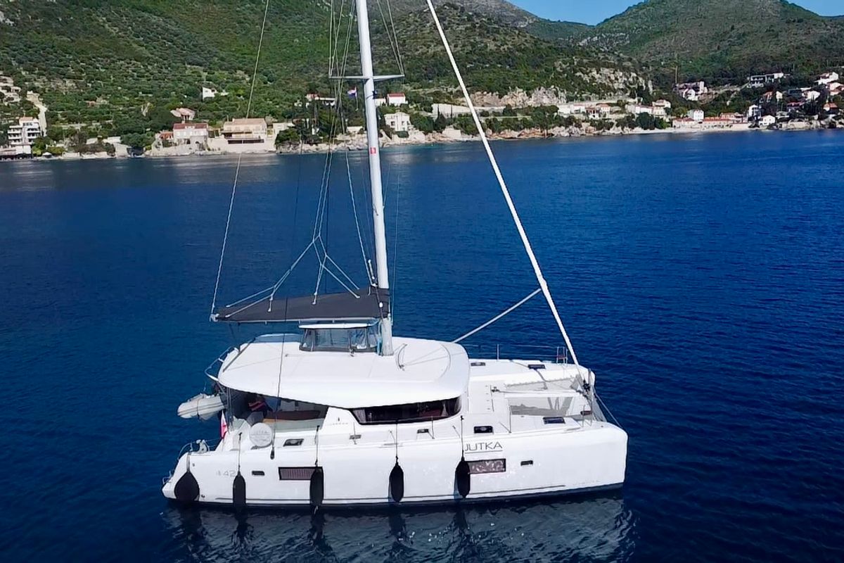 Exterior view of Jutka, a Lagoon 42 catamaran at Dubrovnik, Croatia