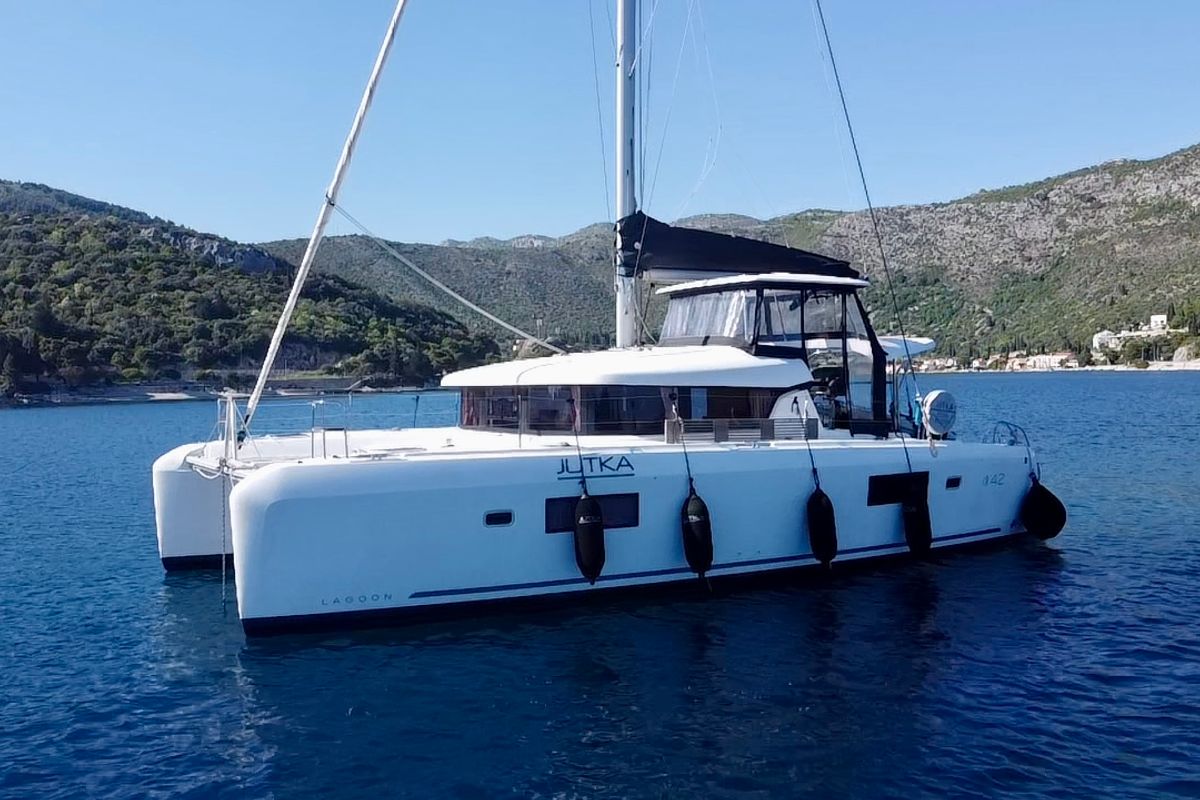 Exterior view of Jutka, a Lagoon 42 catamaran at Dubrovnik, Croatia