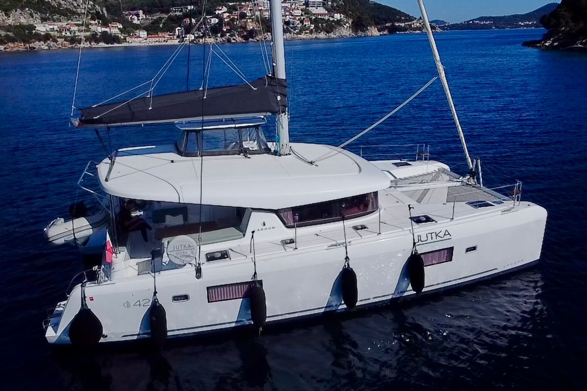 Exterior view of Jutka, a Lagoon 42 catamaran at Dubrovnik, Croatia