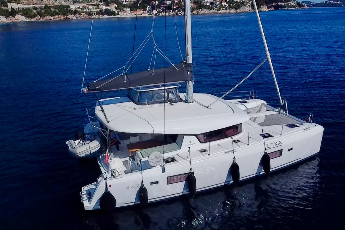 Exterior view of Jutka, a Lagoon 42 catamaran at Dubrovnik, Croatia