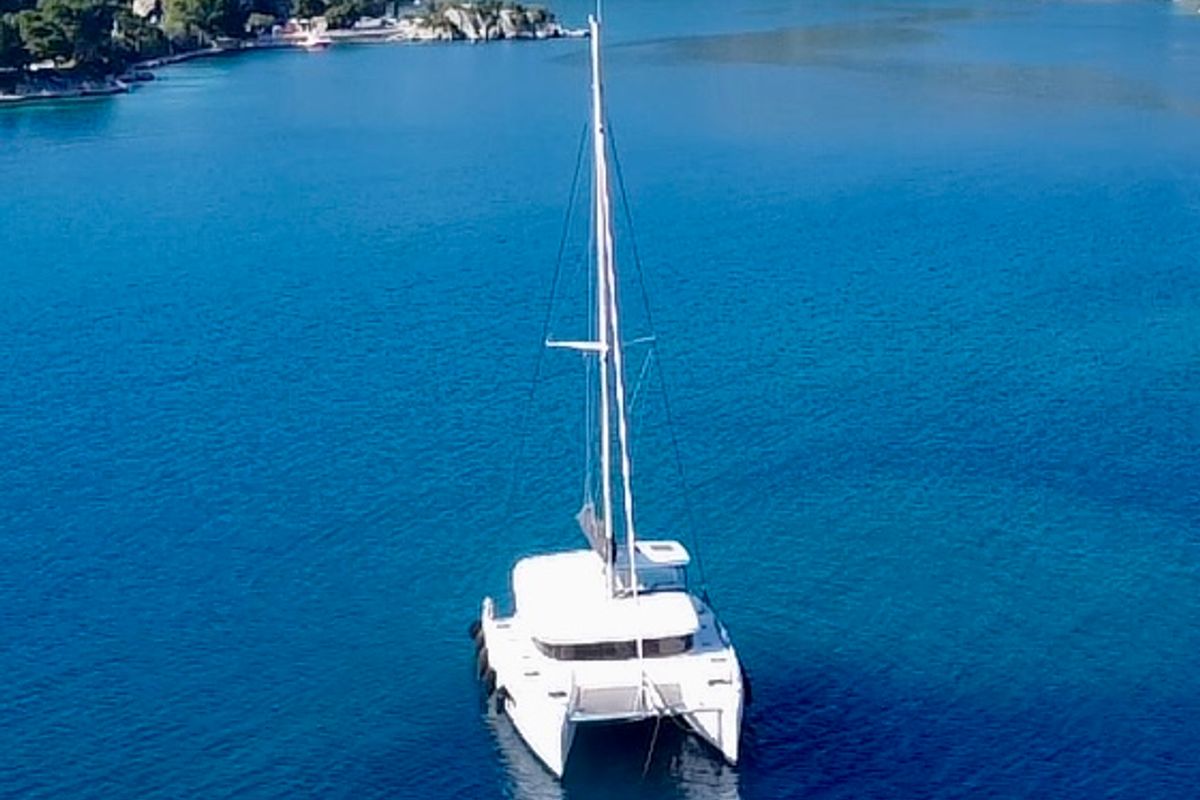 Exterior view of Jutka, a Lagoon 42 catamaran at Dubrovnik, Croatia