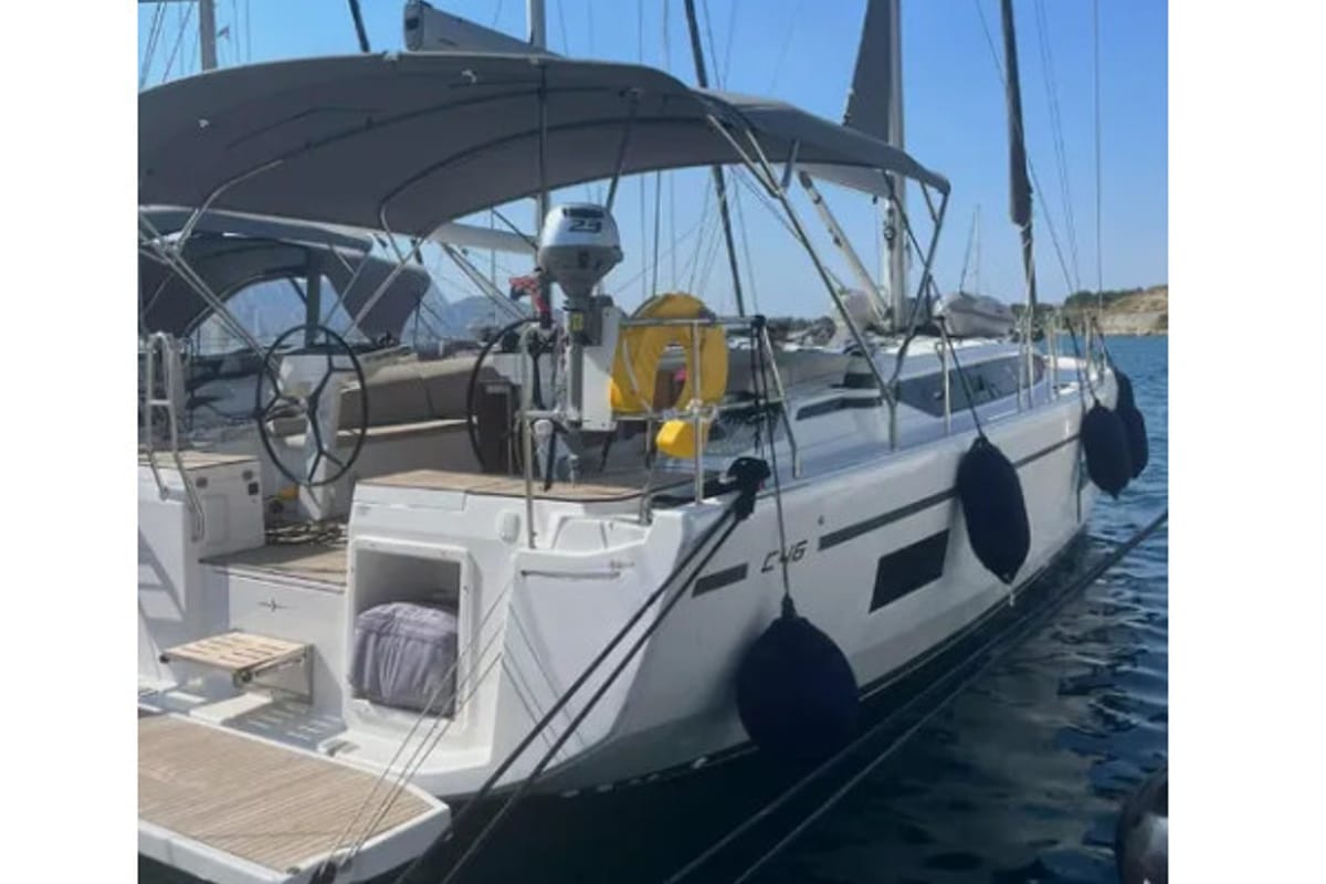 Exterior view of Kebifaiv, a Bavaria C46 sailboat at Municipal Unit of Palairos, Greece