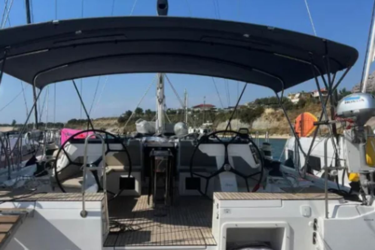 Cockpit of Kebifaiv, a Bavaria C46 sailboat at Municipal Unit of Palairos, Greece