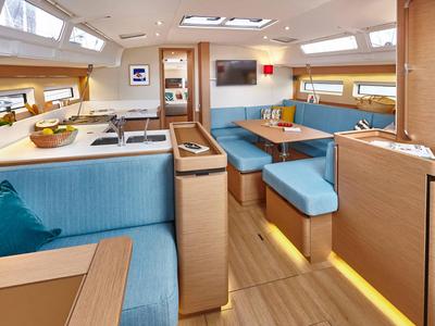 Salon of Mila, a Jeanneau Sun Odyssey 490 sailboat at Puntone di Scarlino, Italy