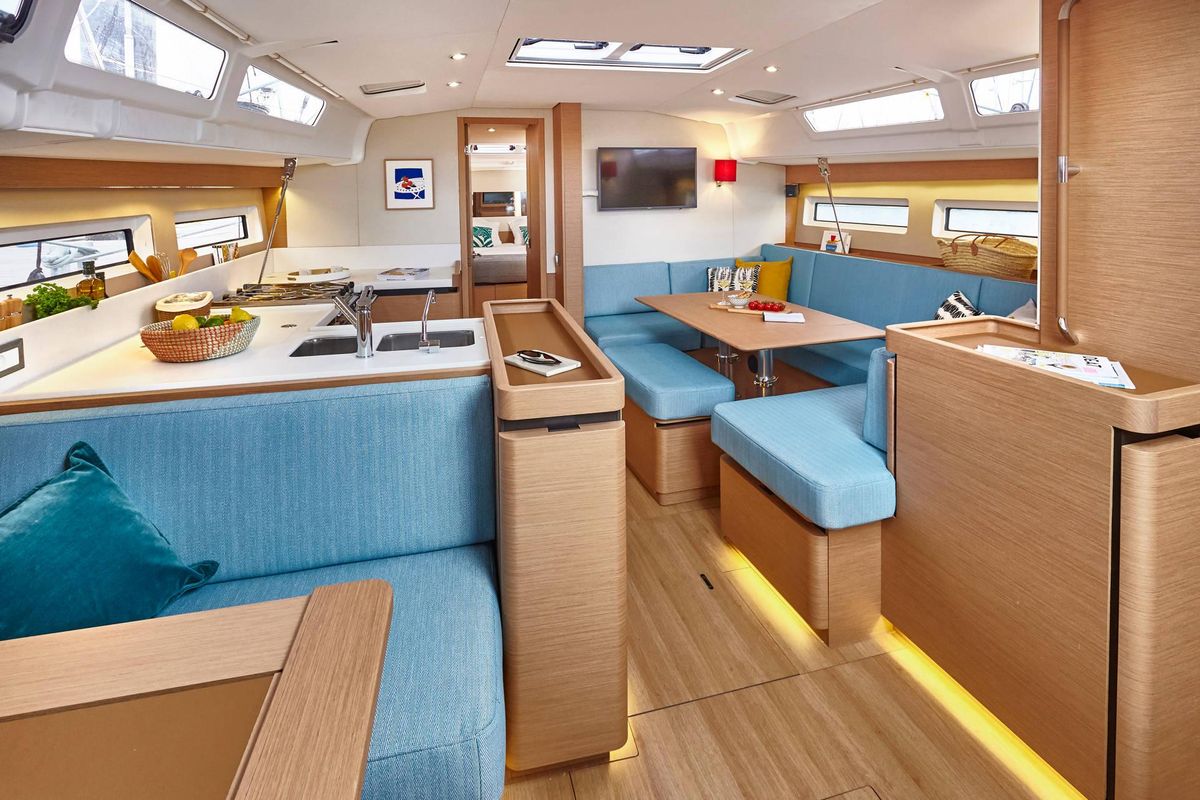 Salon of Mila, a Jeanneau Sun Odyssey 490 sailboat at Puntone di Scarlino, Italy