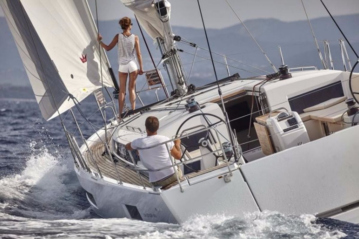 Exterior view of Mila, a Jeanneau Sun Odyssey 490 sailboat at Puntone di Scarlino, Italy