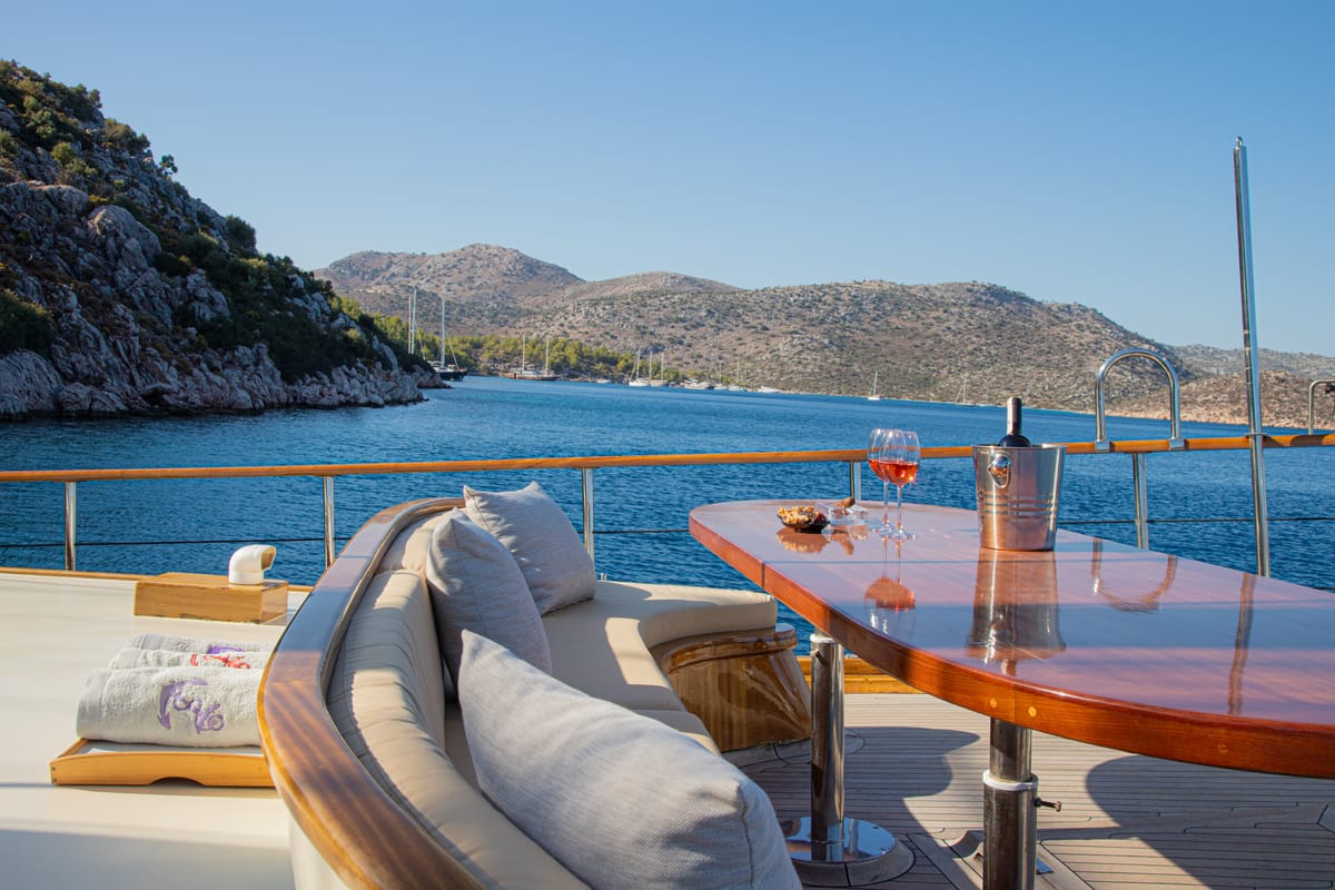 Deck of Derin Deniz, a Gulet Gulet gulet at Marmaris, Turkey