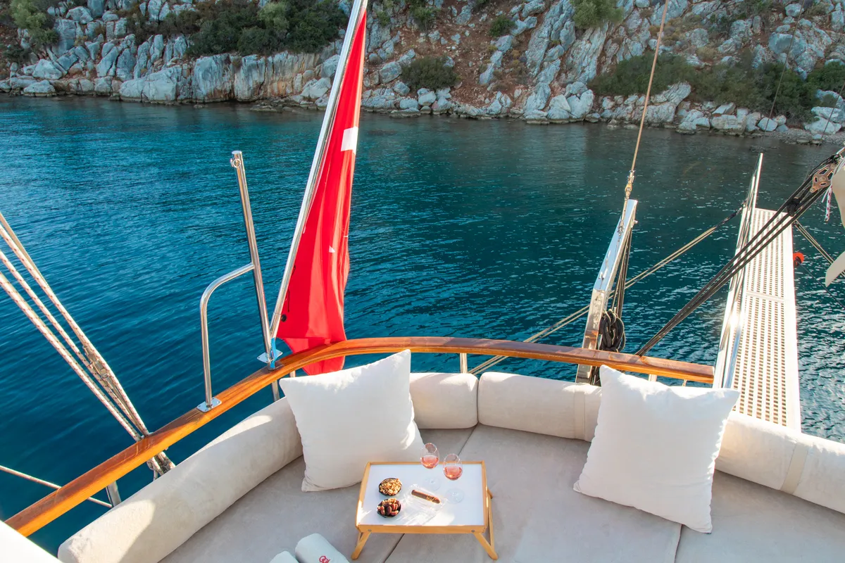 Deck of Derin Deniz, a Gulet Gulet gulet at Marmaris, Turkey