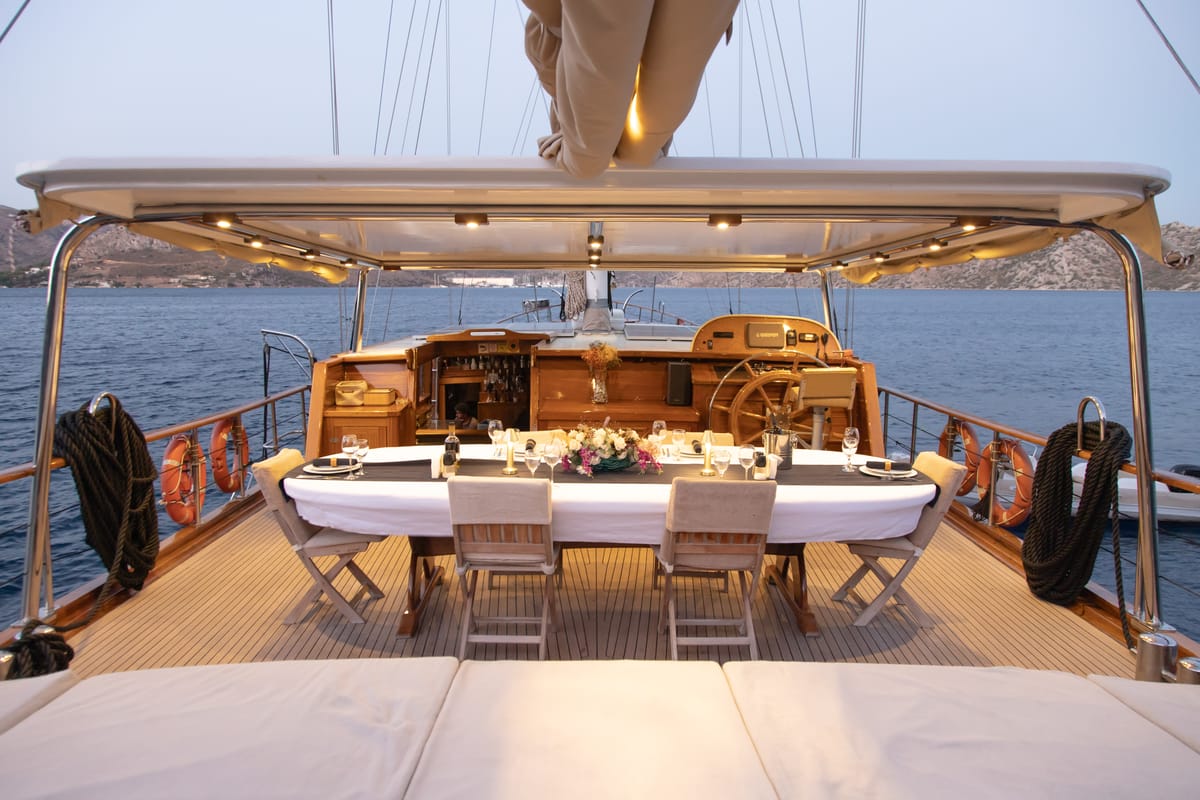 Deck of Derin Deniz, a Gulet Gulet gulet at Marmaris, Turkey