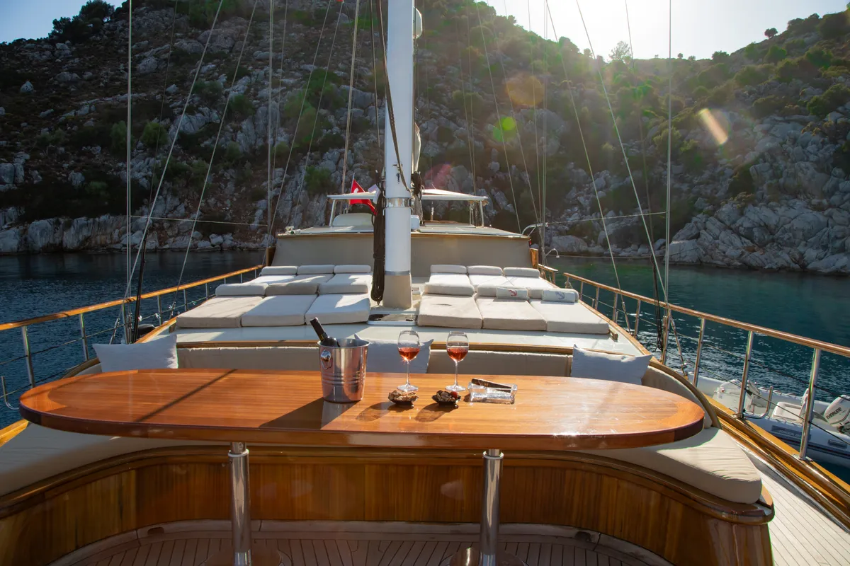 Deck of Derin Deniz, a Gulet Gulet gulet at Marmaris, Turkey