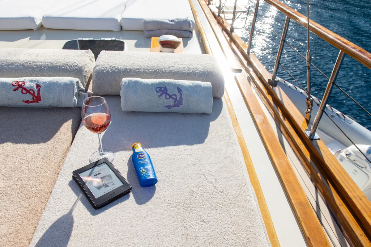 Deck of Derin Deniz, a Gulet Gulet gulet at Marmaris, Turkey