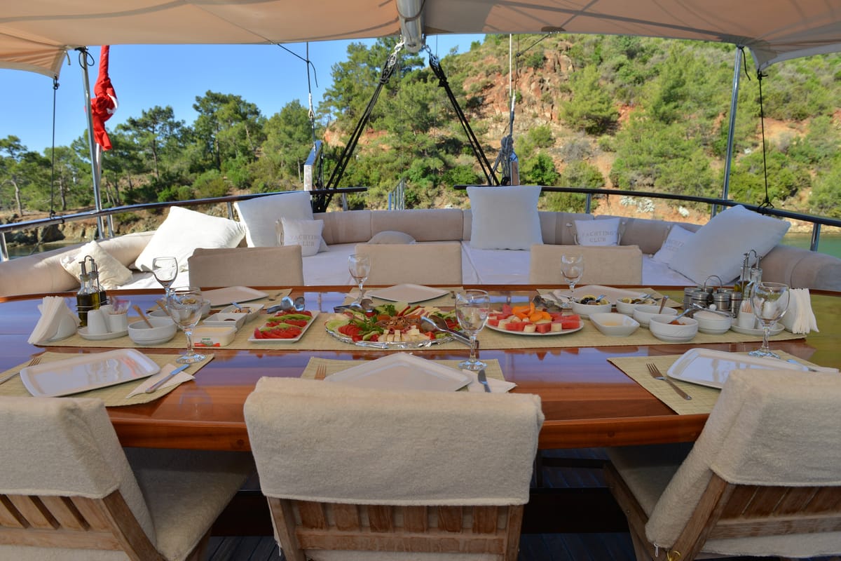 Deck of Derin Deniz, a Gulet Gulet gulet at Marmaris, Turkey