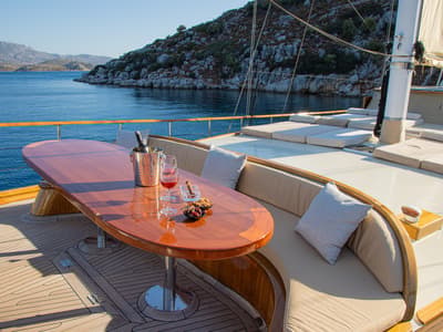 Deck of Derin Deniz, a Gulet Gulet gulet at Marmaris, Turkey