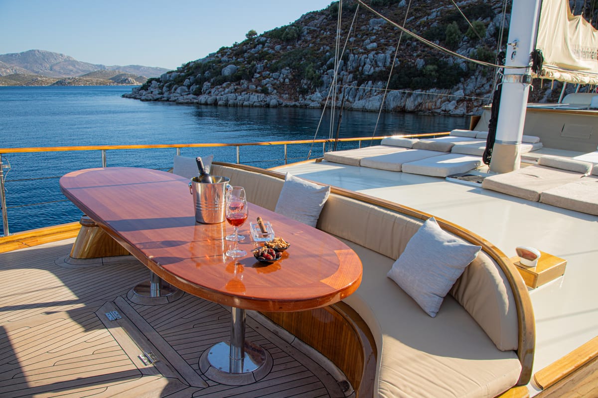 Deck of Derin Deniz, a Gulet Gulet gulet at Marmaris, Turkey